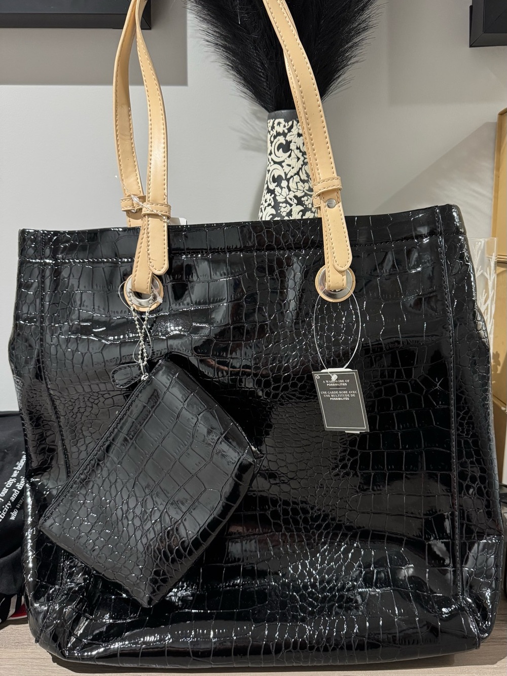 Jessica Black Croc-Embossed Tote with Tan Straps